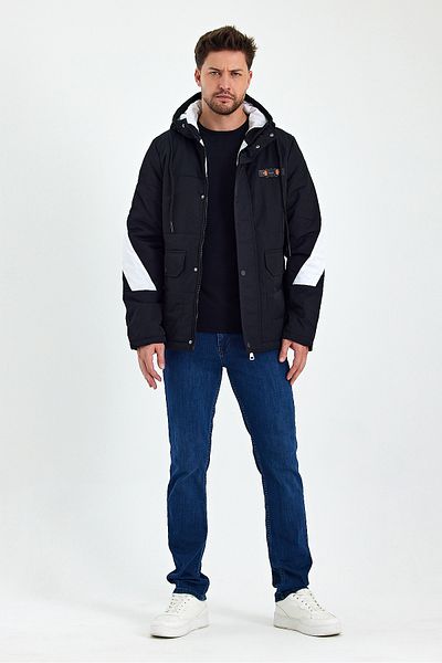 Avones Men's Woven Fabric Hooded Puffer Coat with Front Cover, Snap Fasteners and Zipper