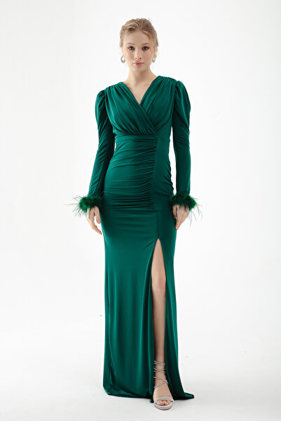 Lafaba Γυναικείο Σμαραγδένιο Πράσινο Βραδινό Φόρεμα με Διπλό Γιακά Μανίκια Πουπουλένιο Σχιστό