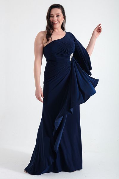 Lafaba Marineblaues langes Abendkleid mit One-Shoulder-Träger und Steindetail für Damen
