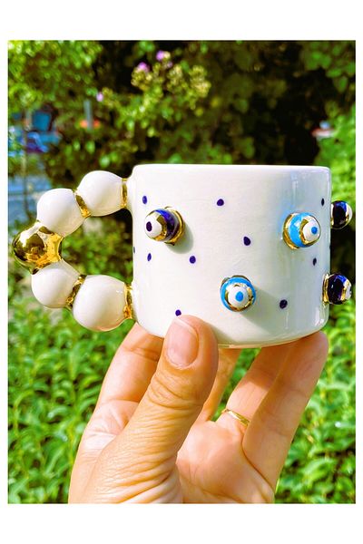 Nazar Göz Premium Quality 24 Carat Gold Plated Evil Eye Cup, Handmade Mug 200 Ml, Evil Eye