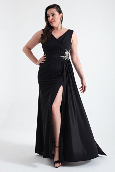 Lafaba Women's Black Double Breasted Collar Jewelled Plus Size Evening Dress