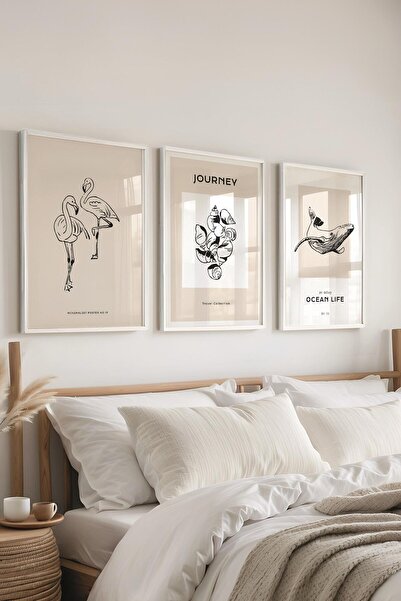 Postifull Çerçeveli Tablo Seti, 3 Adet Beyaz Çerçeve ve Minimalist Çizim Tema...