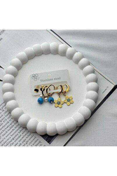 DEMOKAN Kadın Çelik Küpe 6'lı Çiçek İnci Turkuaz Taş Kararmaz Küpe