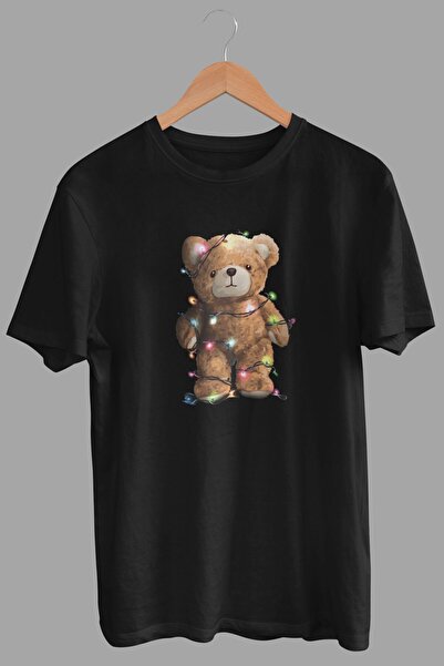 DK DAKSEL تي شيرت نسائي فضفاض أسود مطبوع عليه دمية دب