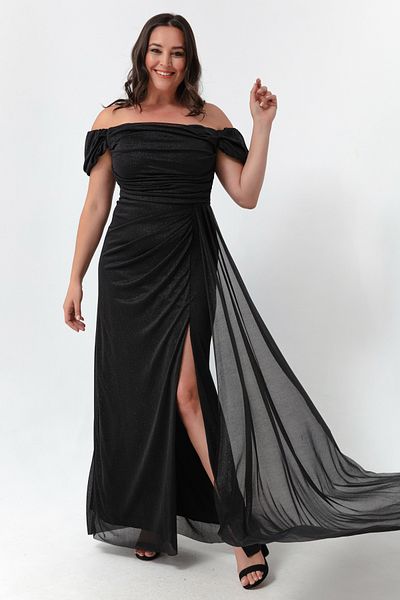 Lafaba Women's Black Boat Neck Draped Slit Long Glitter Evening Dress