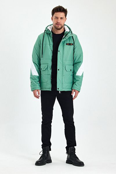 Avones Men's Woven Fabric Hooded Puffer Coat with Front Cover, Snap Fasteners and Zipper