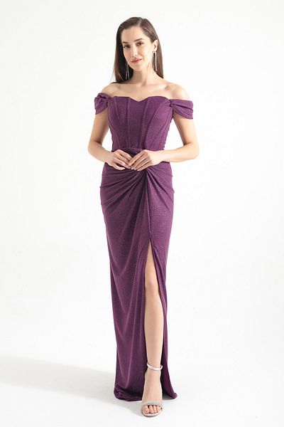 Lafaba Pflaumenfarbenes, zweireihiges, gefüttertes, langes Abendkleid mit Korsettdetails und Glitzer für Damen