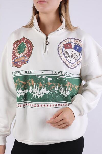 Rays 1118 Printed Zippered Sweat Ecru