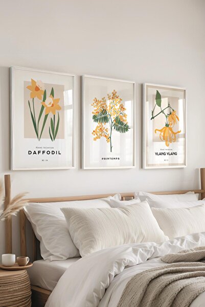 Postifull Çerçeveli Tablo Seti, 3 Adet Beyaz Çerçeve ve Minimalist Botanik Temalı Poster Seti, No:300477