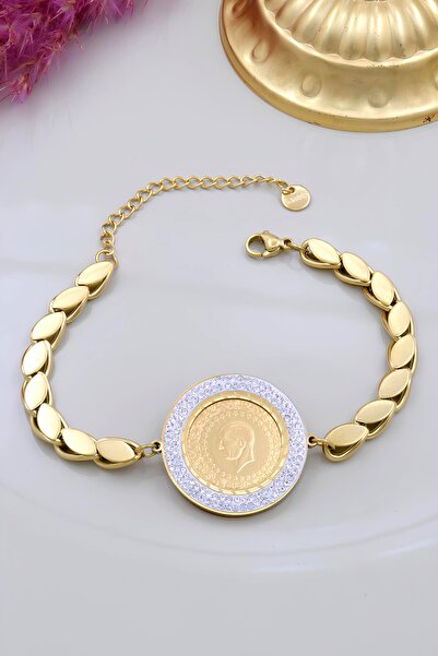 esetyıldız kuyumculuk 22 Ayar Çeyrek Altınlı Pul Zincir Çelik Bileklik