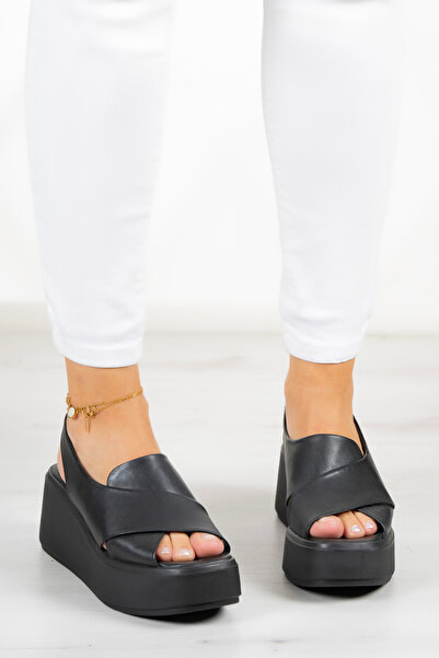 Erkan Saçmacı Black Genuine Leather - Wedge Heeled Olivia Sandals