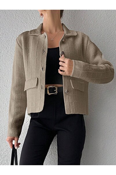 Puella Kadın Altın Düğmeli Cep Detaylı Blazer/Tüvit Crop Caket Kadın Hırka