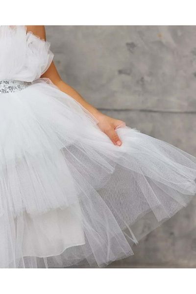Mnk Baby&Kids Λευκό σατέν ύφασμα - Nimfea με Tutu βραδινό φόρεμα για κορίτσια MNK0597