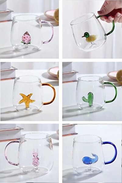 Rosemor 2'li  Sevimli Karikatürler Bardağı  Figürlü Cam Bardak 3D Kawaii Renkli Kulplu Sunum Fincanı 350 ml.