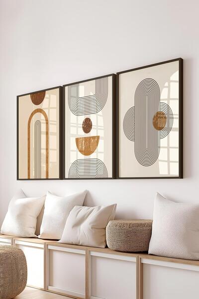 Postifull Çerçeveli Tablo Seti, 3 Adet Siyah Çerçeve ve Geometrik Temalı Post...