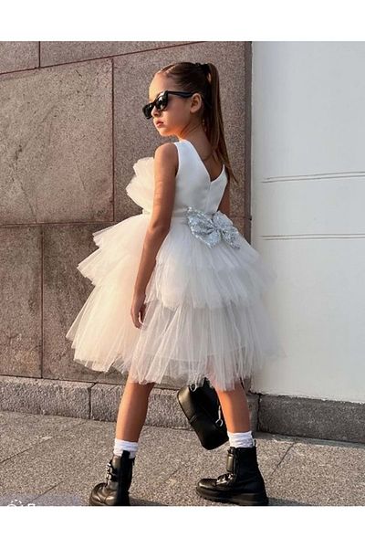 Mnk Baby&Kids Λευκό σατέν ύφασμα - Nimfea με Tutu βραδινό φόρεμα για κορίτσια MNK0597