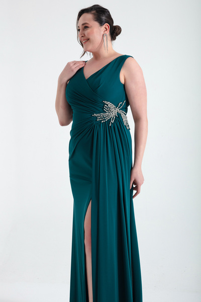 Lafaba Women's Emerald Green Double Breasted Collar Jewelled Plus Size Evening Dress