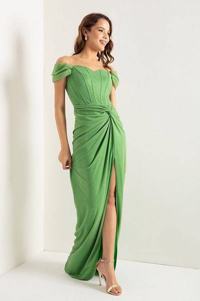 Lafaba Grünes zweireihiges, gefüttertes, langes Glitzer-Abendkleid für Damen mit Korsett-Detail