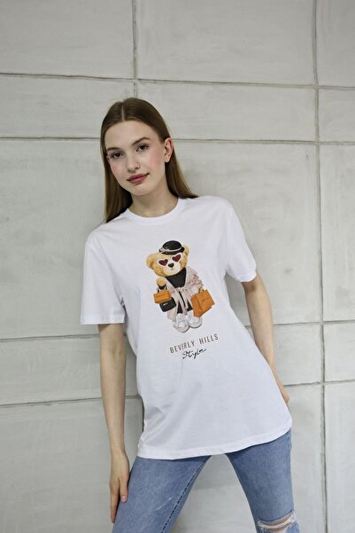 DK DAKSEL Kadın Kalpli Teddy Baskılı Oversize Beyaz Tişört