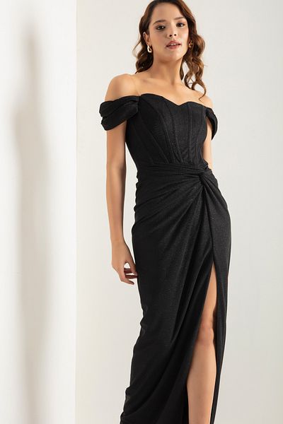 Lafaba Rochie de seară lungă argintie, neagră, dublu, căptușită, cu detaliu corset