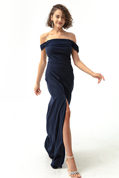 Lafaba Dámské tmavě modré lodičkové dlouhé večerní šaty s perlami