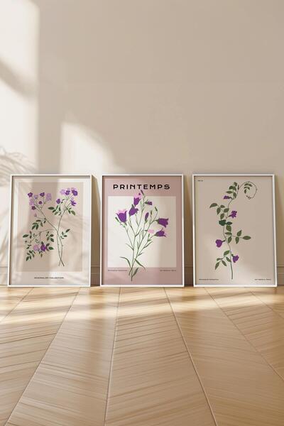 Postifull Çerçeveli Tablo Seti, 3 Adet Beyaz Çerçeve ve Minimalist Botanik Temalı Poster Seti, No:300475