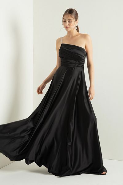 Lafaba Schwarzes, ausgestelltes, langes Satin-Abendkleid mit Steinträgern für Damen