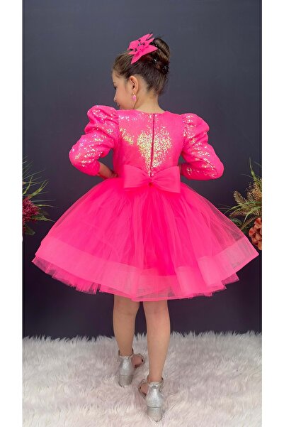 Mnk Baby&Kids Tütü Gren Etekli Kız Çocuk Pul Payetli Uzun Kol Kikidi Elbise MNK0583 FUŞYA