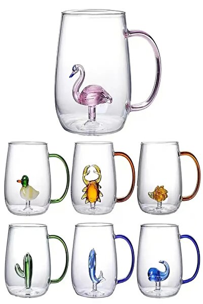 Rosemor 2'li  Sevimli Karikatürler Bardağı  Figürlü Cam Bardak 3D Kawaii Renkli Kulplu Sunum Fincanı 350 ml.