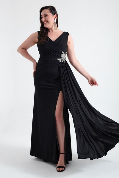 Lafaba Rochie de seară neagră de damă, cu guler dublu, cu bijuterii