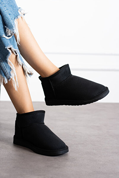 SOLDOY Kadın Siyah Mini Süet Içi Kürklü Kışlık Bot & Bootie