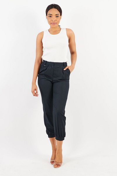 Esprit Women Regular Fit High Rise Striped Stretchable Pants, Navy