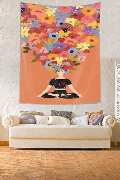 farbala Girl Doing Yoga with Colorful Flowers Stain Resistant Fabric Wall Cover Wall Tapestry Tapestry
