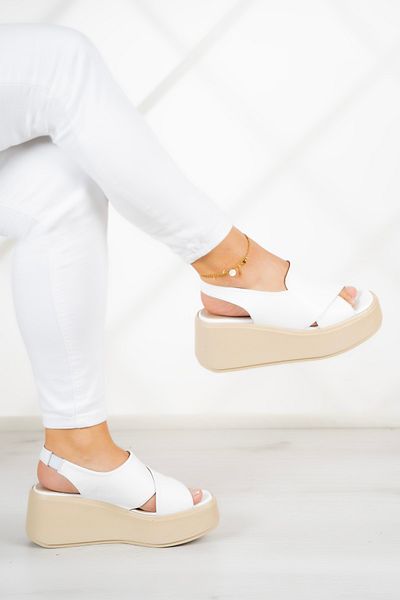 Erkan Saçmacı Olivia White Genuine Leather - Sandale cu toc cu pană