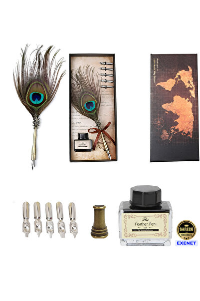 EXENET Peacock Dip Pen and Inkwell Set - Elegant Handmade Gift Calligraphy