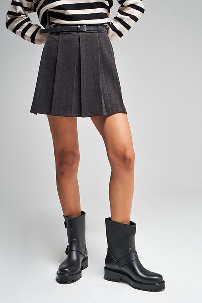its basic Women's Anthracite Color Stitched Fabric Belted Pleated Mini Skirt