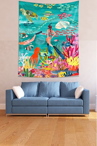 farbala Underwater Sea Creatures Undersea Diver Girl Stain Resistant Fabric Wall Cloth Wall Carpet Tapestry