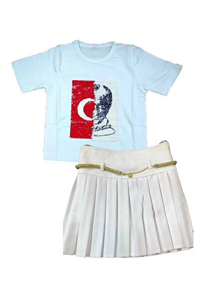 nacar çarşı Κοριτσίστικο μπλουζάκι με παγιέτες και στρας, λευκή πλισέ φούστα ...