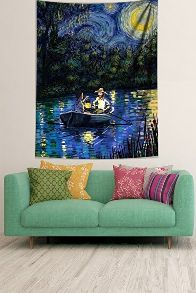 farbala Van Gogh in Boat in Starry Nights Stain Resistant Fabric Wall Cloth Wall Carpet Tapestry