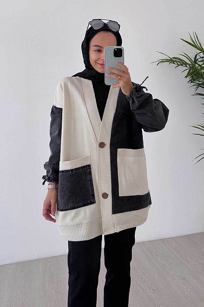 Ka Hijab Double Pocket Design Hijab Cardigan - Black