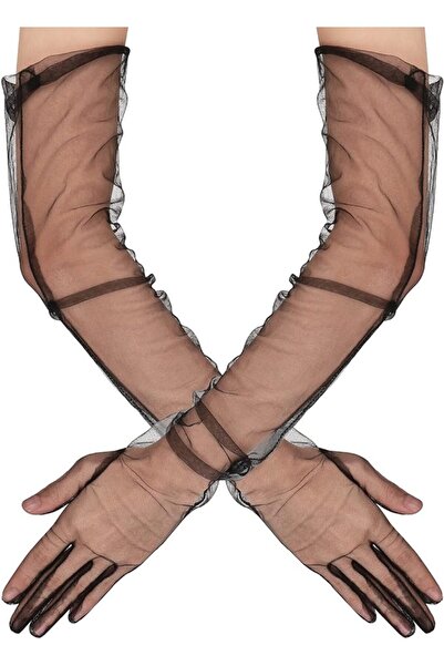 Go İthalat Uzun Boy Likralı Siyah Renk Yetişkin Mega Tül Eldiven 53 cm (5263)