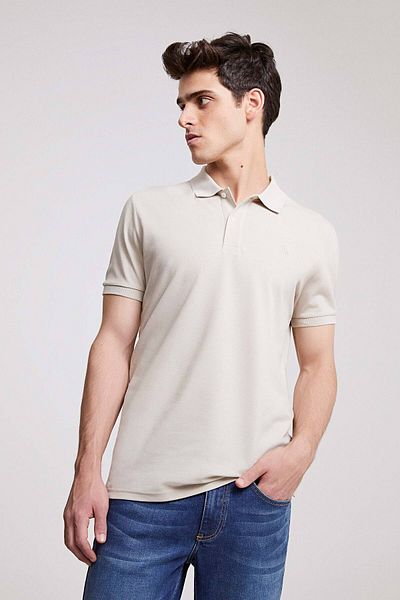D'S Damat Tricou cu broderie cu guler polo, 100% bumbac, texturat Stone Pique, cu croială normală