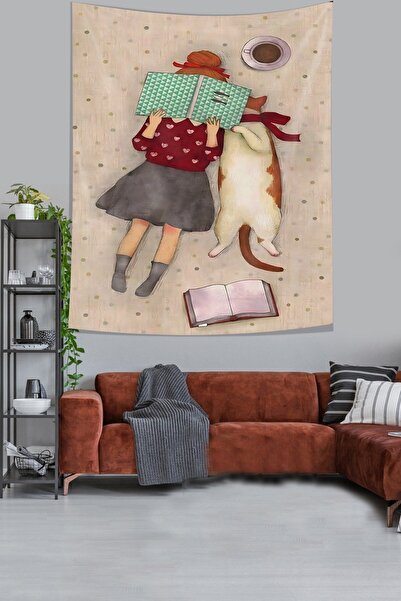 Pelangi Kitap Okuyan Kız ve Kedi Leke Tutmaz Kumaş Duvar Örtüsü Duvar Halısı ...