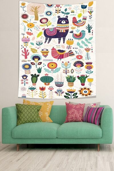 farbala Tapiserie de perete din material rezistent la pete cu figuri de animale și flori