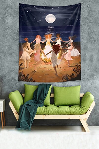 farbala Girls Dancing Around Night Fire with Rubies Stain Resistant Fabric Wall Cloth Wall Carpet Tapestry