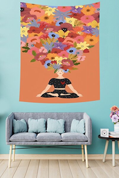 farbala Girl Doing Yoga with Colorful Flowers Stain Resistant Fabric Wall Cover Wall Tapestry Tapestry