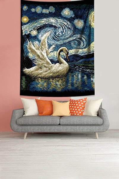 farbala Van Gogh Nopți înstelate Lebădă pe râu Tapiserie de perete din țesătură rezistentă la pete