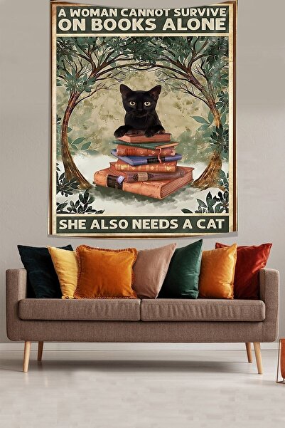 Genel Markalar Ormandaki Kitaplar ve Siyah Kedi Leke Tutmaz Kumaş Duvar Örtüs...