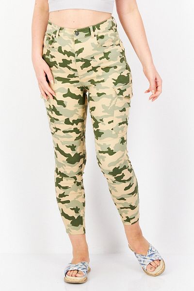 Don't Call Me Jennyfer Women Skinny Fit High Waist Camouflaged Cargo Pants, Green Combo