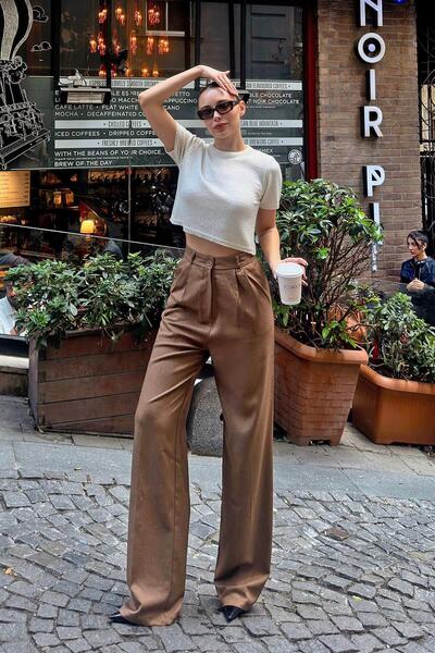 Swist Brown Dora Pocketed Pleated High Waist Women's Palazzo Pants